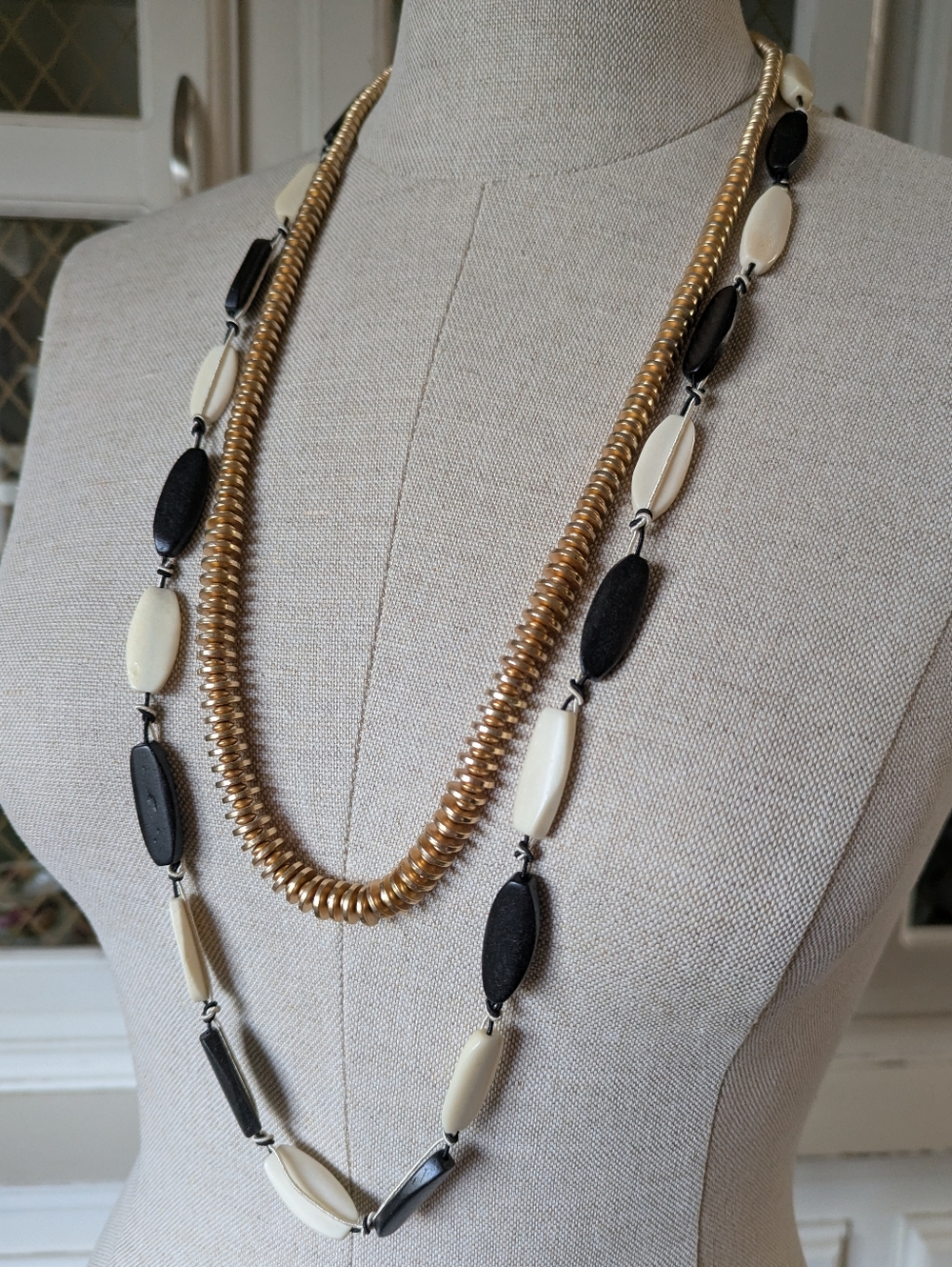 Pair BR/VTG Statement Necklaces Gold Accents Black Ivory Stone Women Jewelry